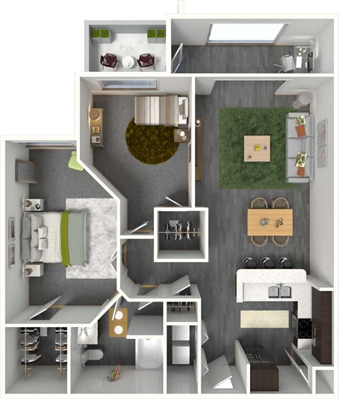 A floor plan of a small apartment with a kitchen, living room, and bathroom.